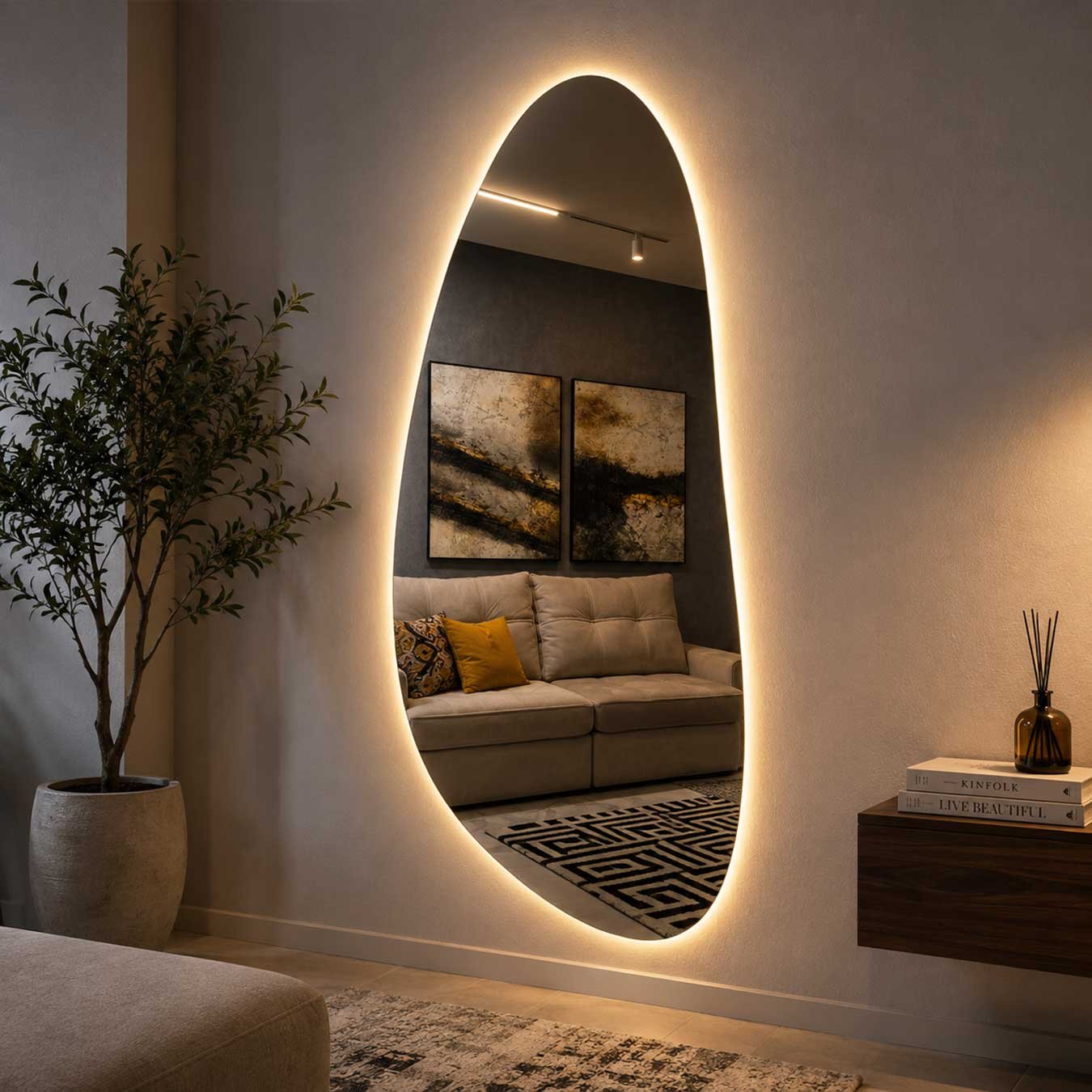 Espelho com Led Formato Orgânico Borda Infinita em Base de MDF