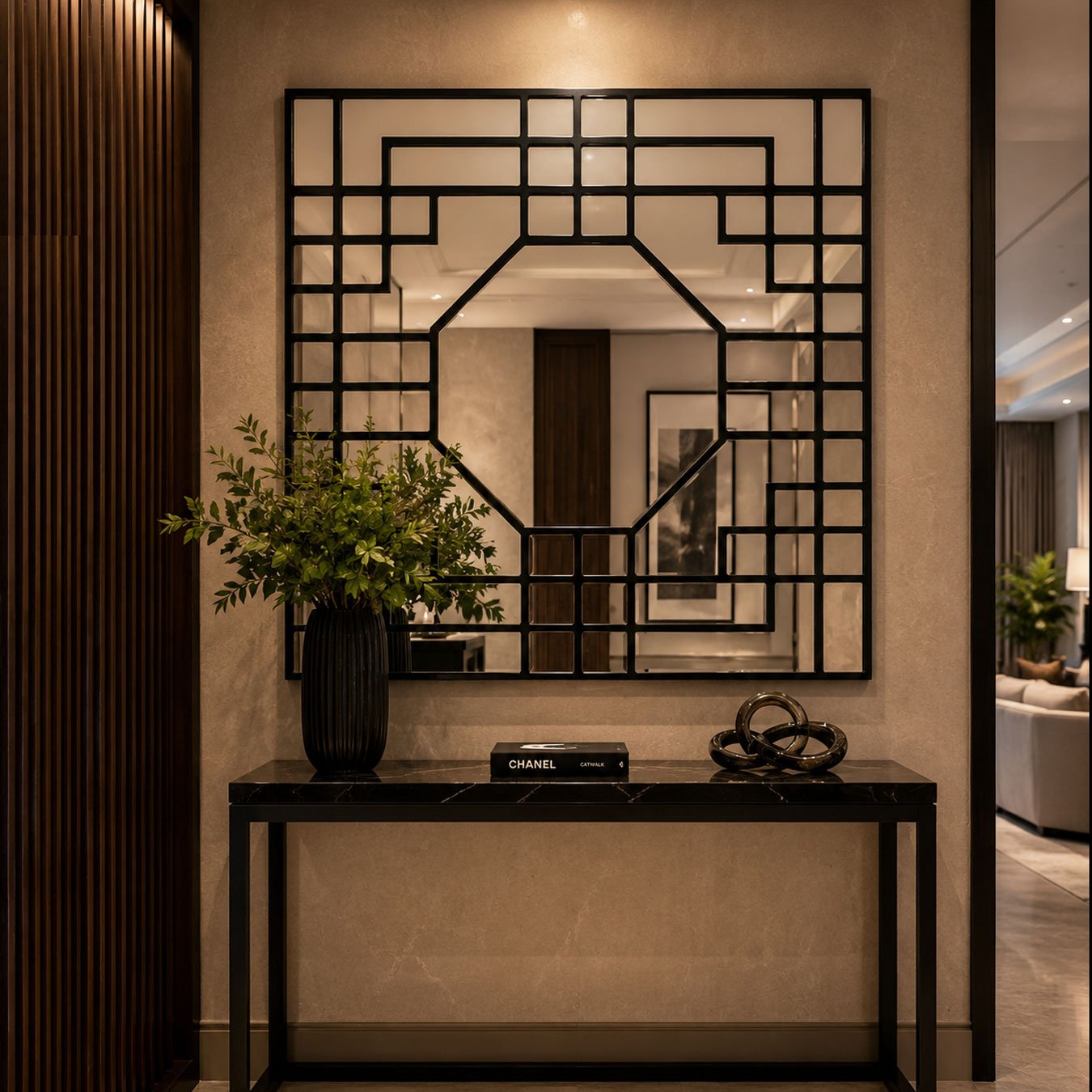 Espelho Decorativo Geométrico Octagonal Sofisticado e Elegante Moldura Laqueada 100x100CM