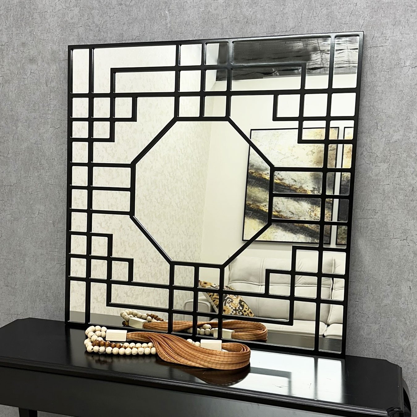 Espelho Decorativo Geométrico Octagonal Sofisticado e Elegante Moldura Laqueada 100x100CM