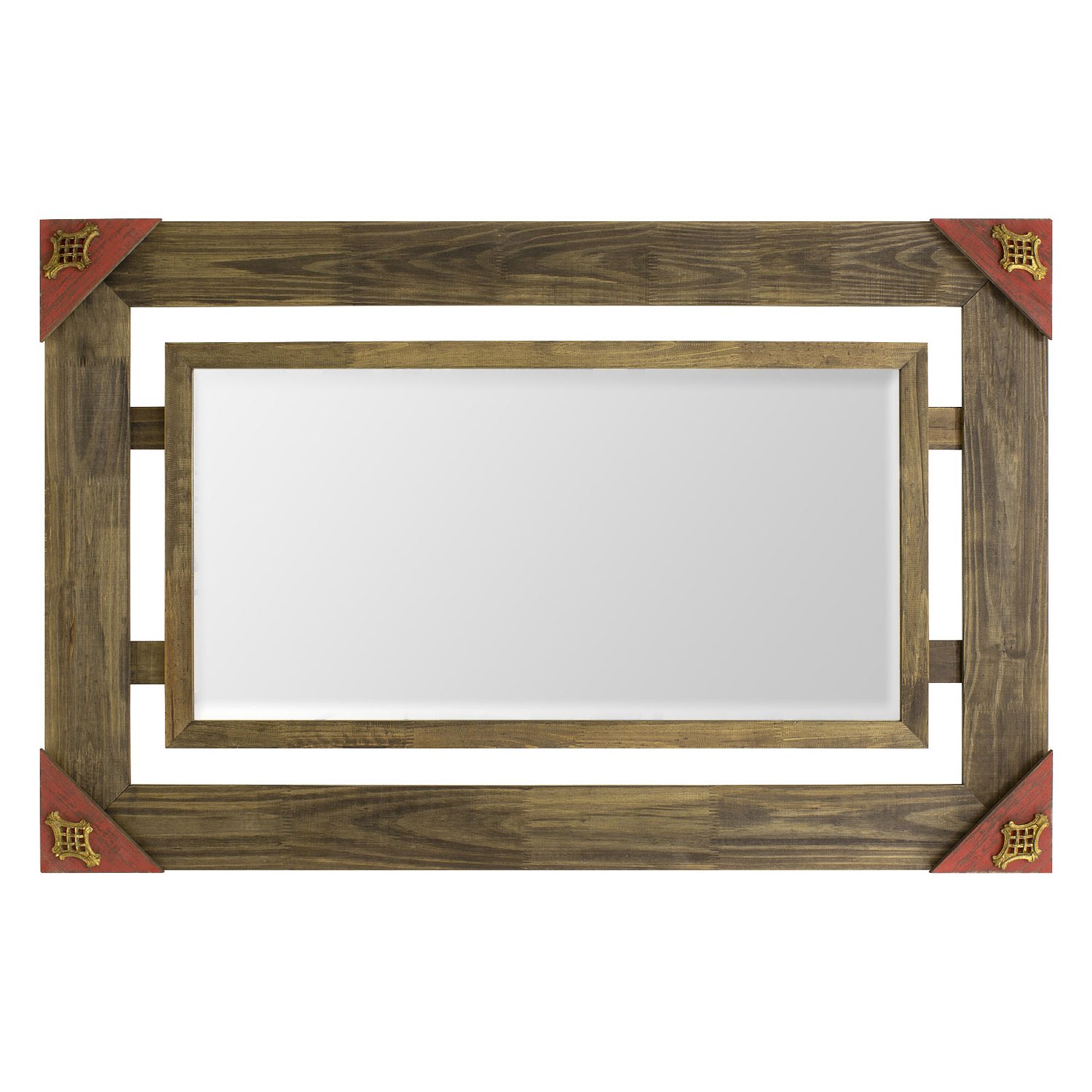 Espelho Decorativo Rústico com Moldura Marrom Vazada e Acabamento Vermelho com Apliques Dourados