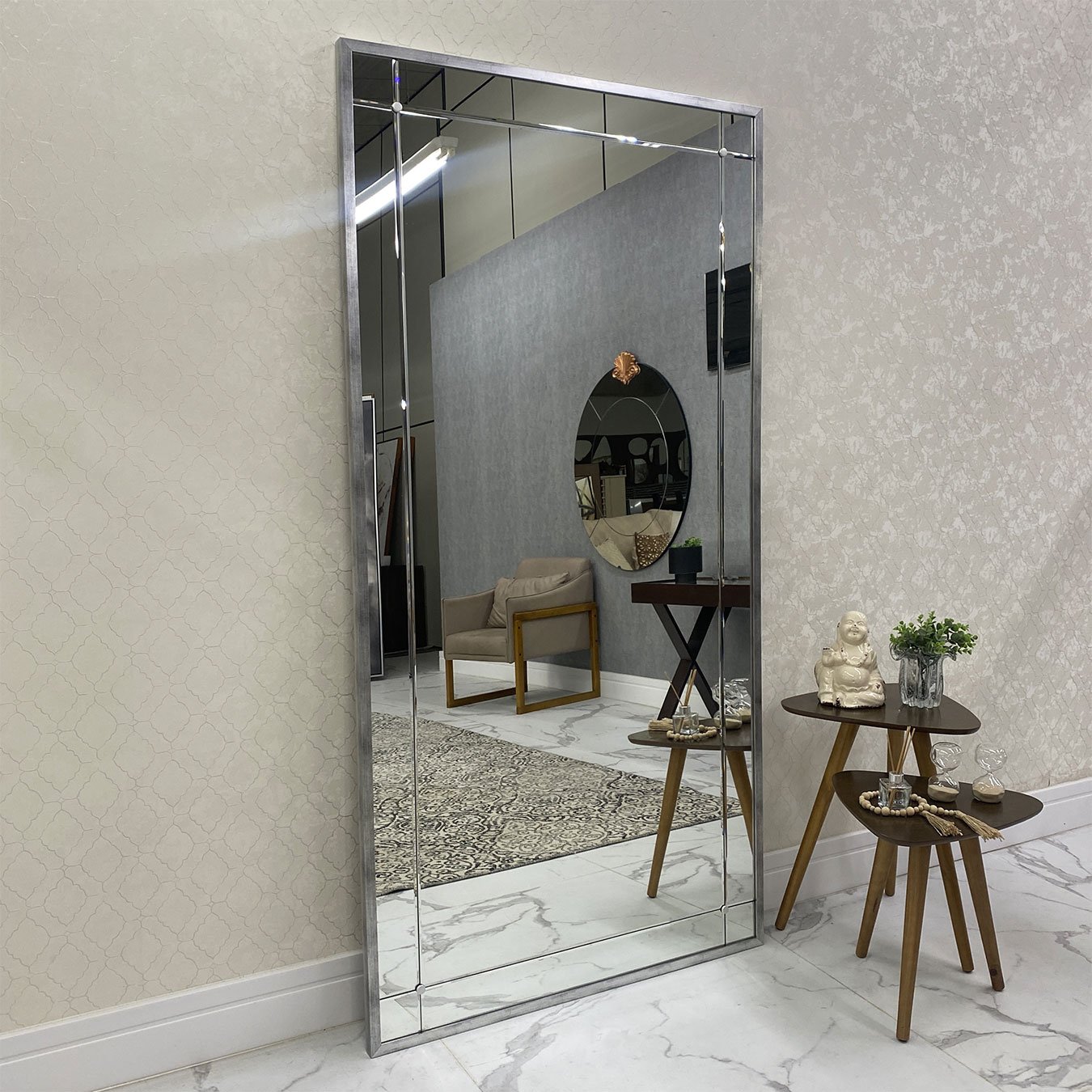 Espelho Estilo Mosaico Moderno com Bisotê e Moldura Prata 100x200 cm Espelho Estilo Mosaico Moderno com Bisotê e Moldura Prata 100x200 cm