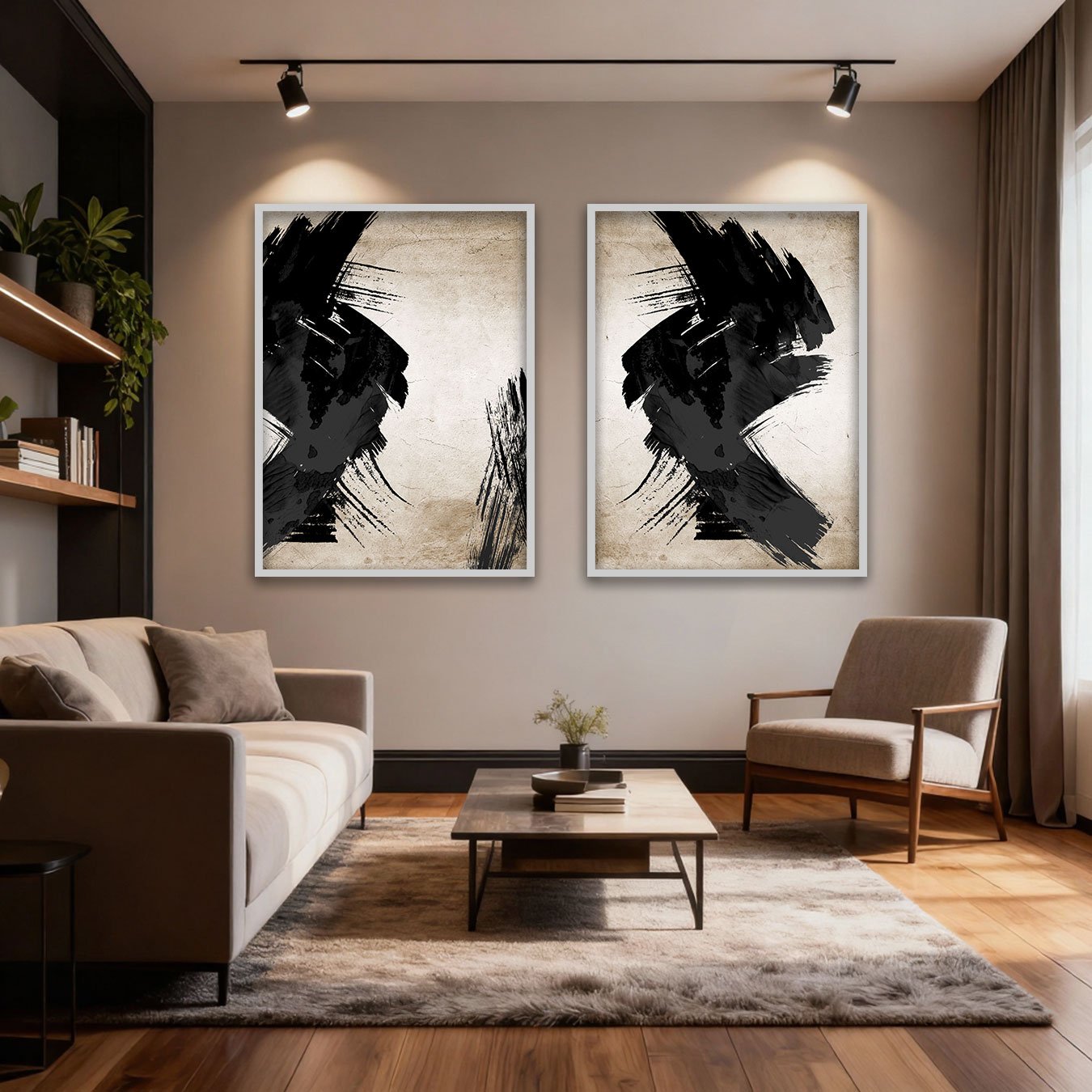 Kit 2 Quadros Abstratos Decorativos com Pinceladas Modernas e Moldura e Vidro Kit 2 Quadros Abstratos Decorativos com Pinceladas Modernas e Moldura e Vidro