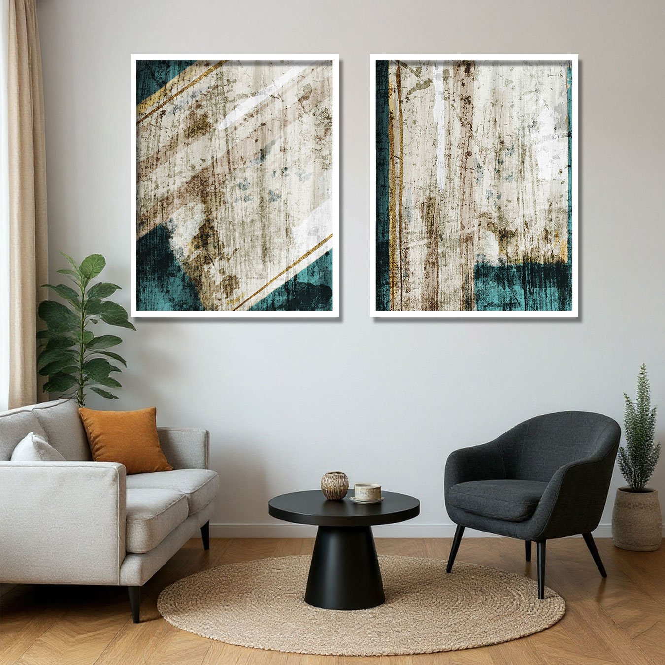 Kit 2 Quadros Abstratos Ecos da Superfície Turquesa e Dourado Moldura e Vidro Kit 2 Quadros Abstratos Ecos da Superfície Turquesa e Dourado Moldura e Vidro