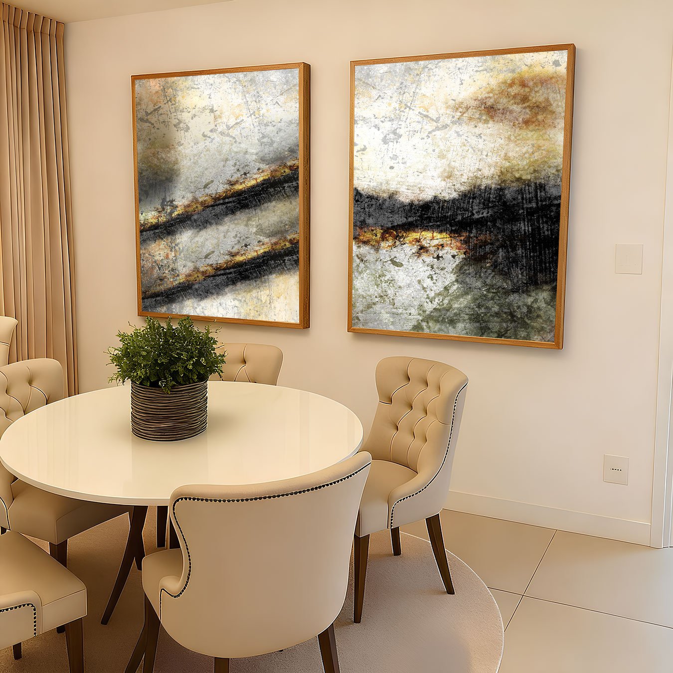 Kit 2 Quadros Abstratos em  Tons Neutros com Toque Dourado com Moldura e Vidro Kit 2 Quadros Abstratos em  Tons Neutros com Toque Dourado com Moldura e Vidro