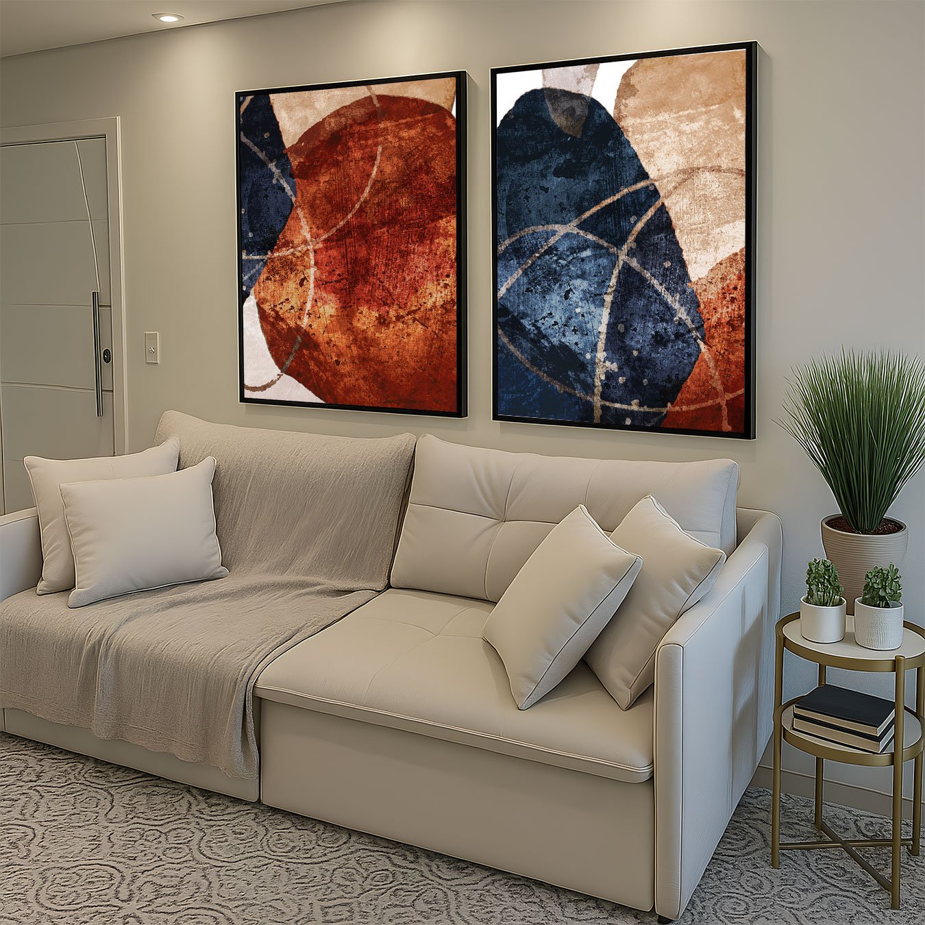 Kit 2 Quadros Abstratos em Tons Terrosos e Azul Profundo com Moldura e Vidro Kit 2 Quadros Abstratos em Tons Terrosos e Azul Profundo com Moldura e Vidro