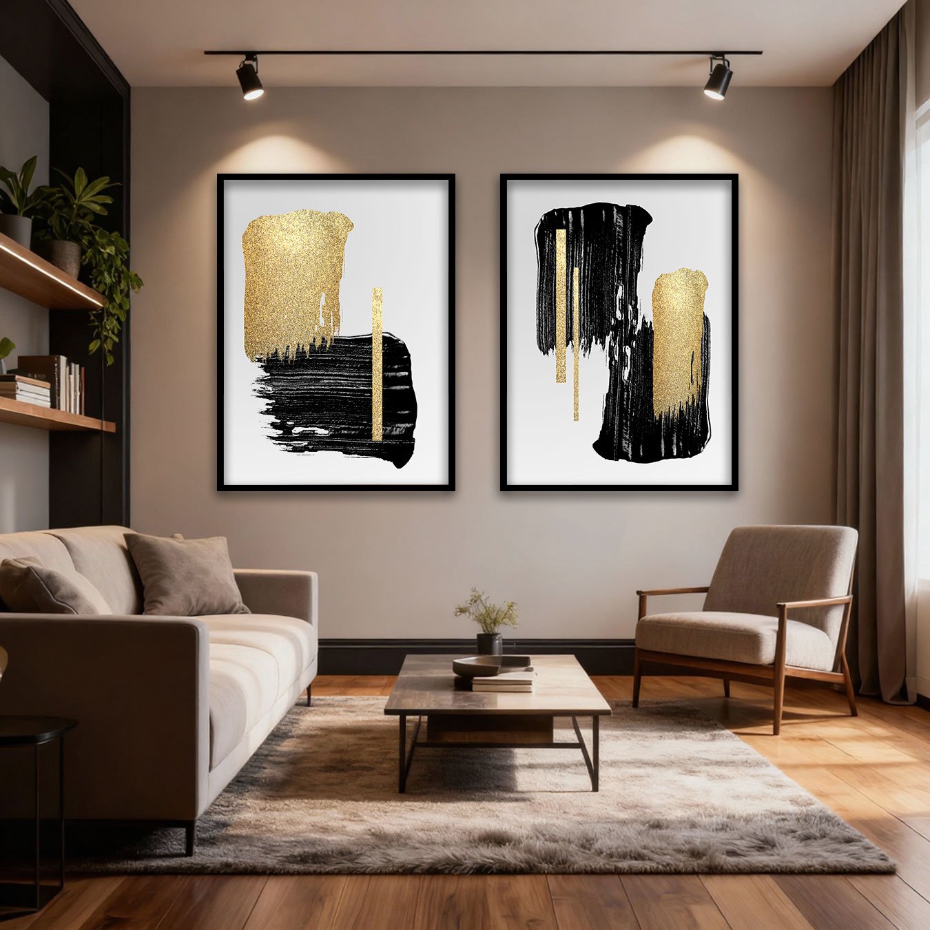 Kit 2 Quadros Abstratos Minimalistas em Preto e Dourado com Moldura e Vidro