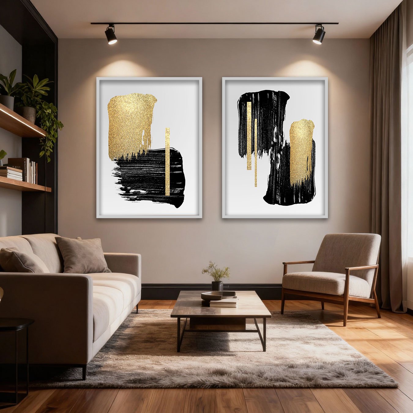 Kit 2 Quadros Abstratos Minimalistas em Preto e Dourado com Moldura e Vidro Kit 2 Quadros Abstratos Minimalistas em Preto e Dourado com Moldura e Vidro