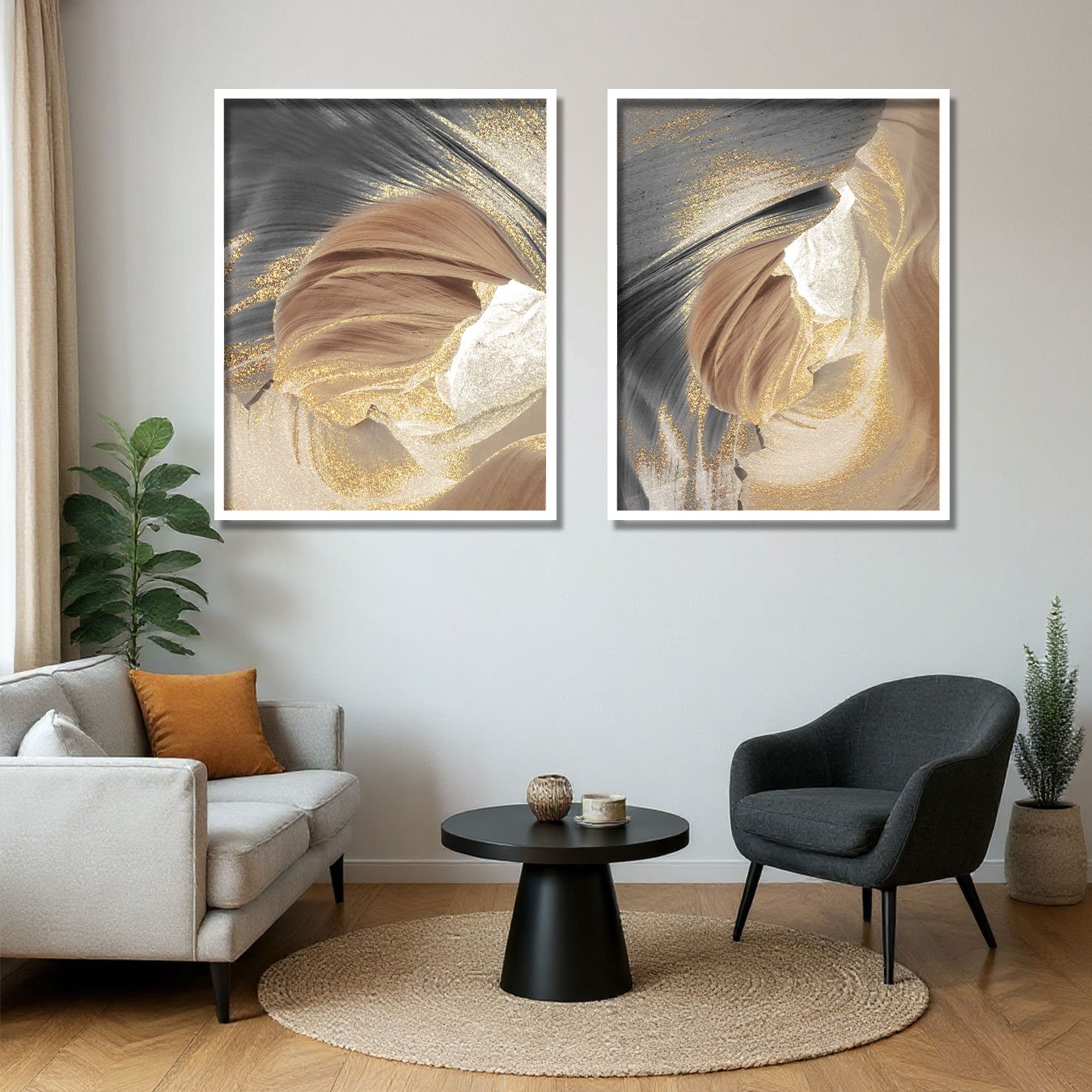 Kit 2 Quadros Abstratos Textura Suave para Sala Moderna com Moldura e Vidro Kit 2 Quadros Abstratos Textura Suave para Sala Moderna com Moldura e Vidro