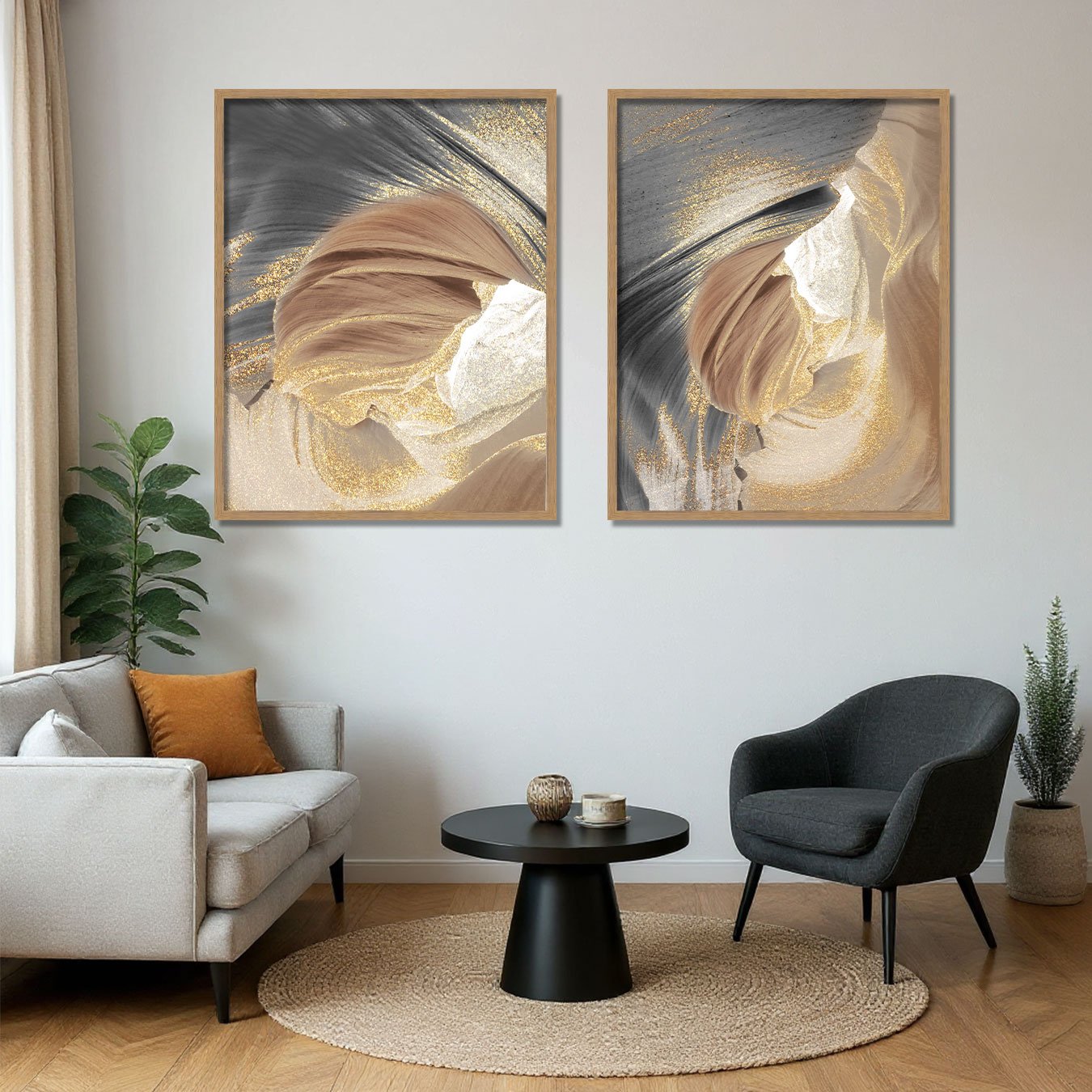 Kit 2 Quadros Abstratos Textura Suave para Sala Moderna com Moldura e Vidro Kit 2 Quadros Abstratos Textura Suave para Sala Moderna com Moldura e Vidro