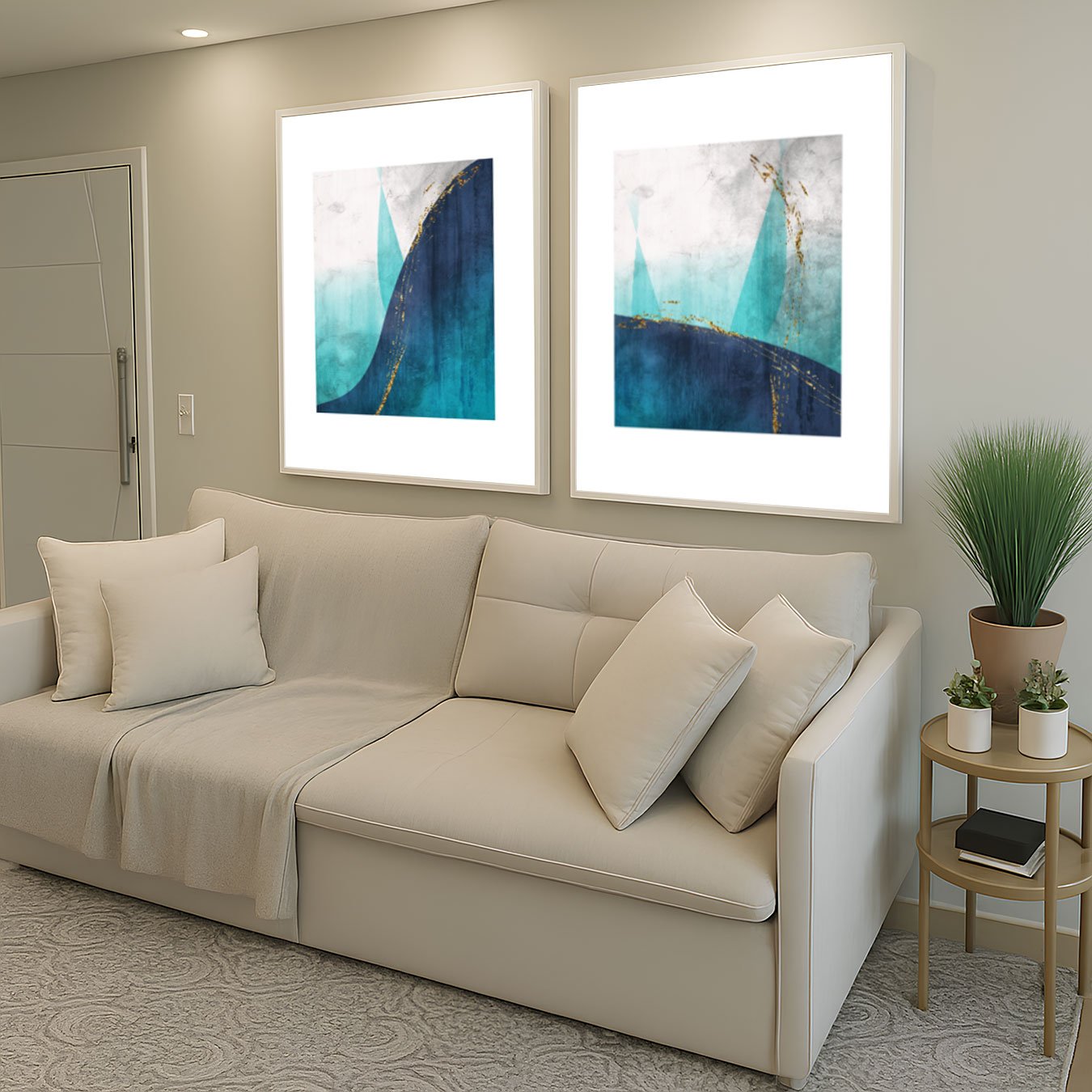 Kit de 2 Quadros Abstrato Modernos Tons de Azul e Dourado com Moldura e Vidro Kit de 2 Quadros Abstrato Modernos Tons de Azul e Dourado com Moldura e Vidro