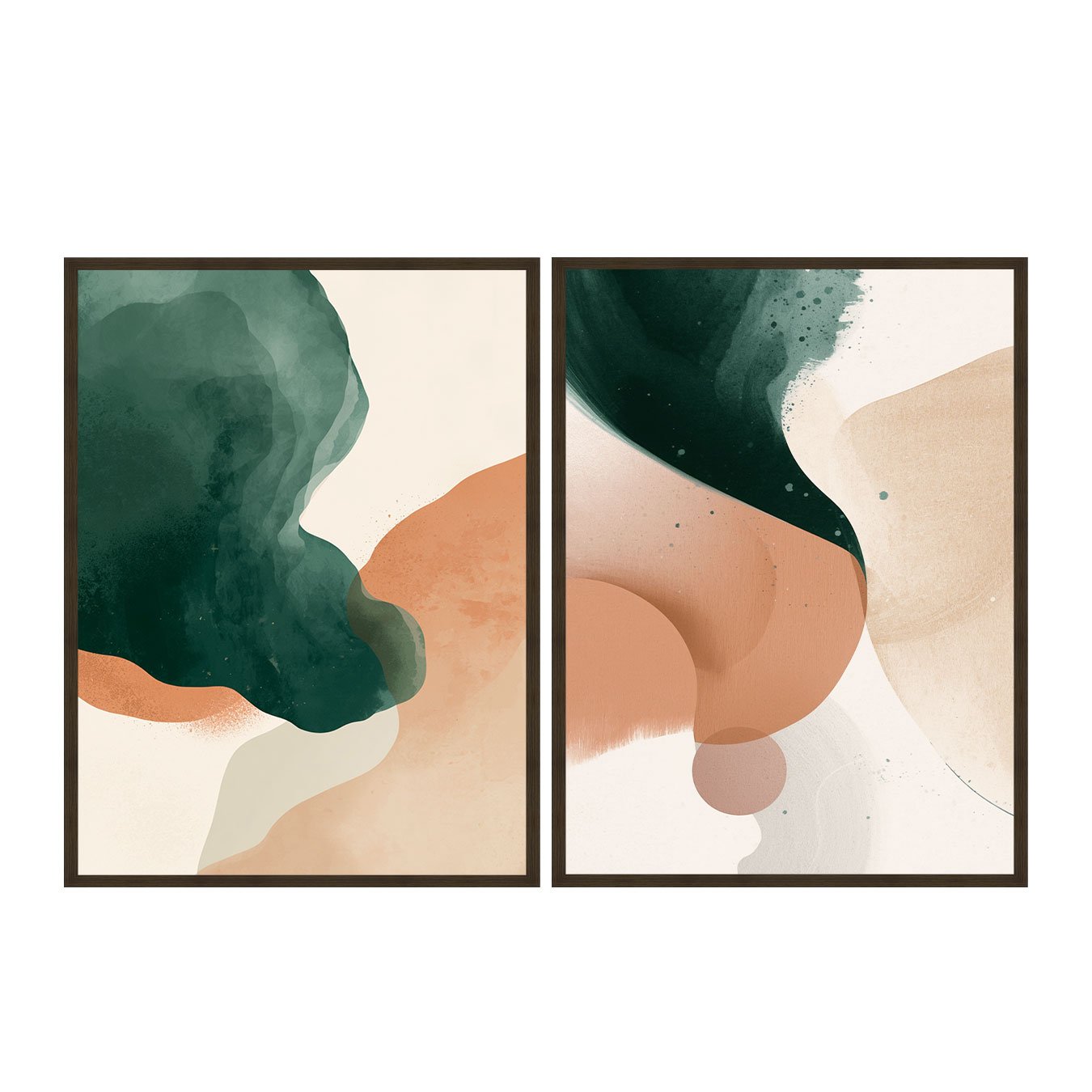Kit de Quadros Abstratos de Formas Orgânicas em Tons Verdes Terracorta e Creme