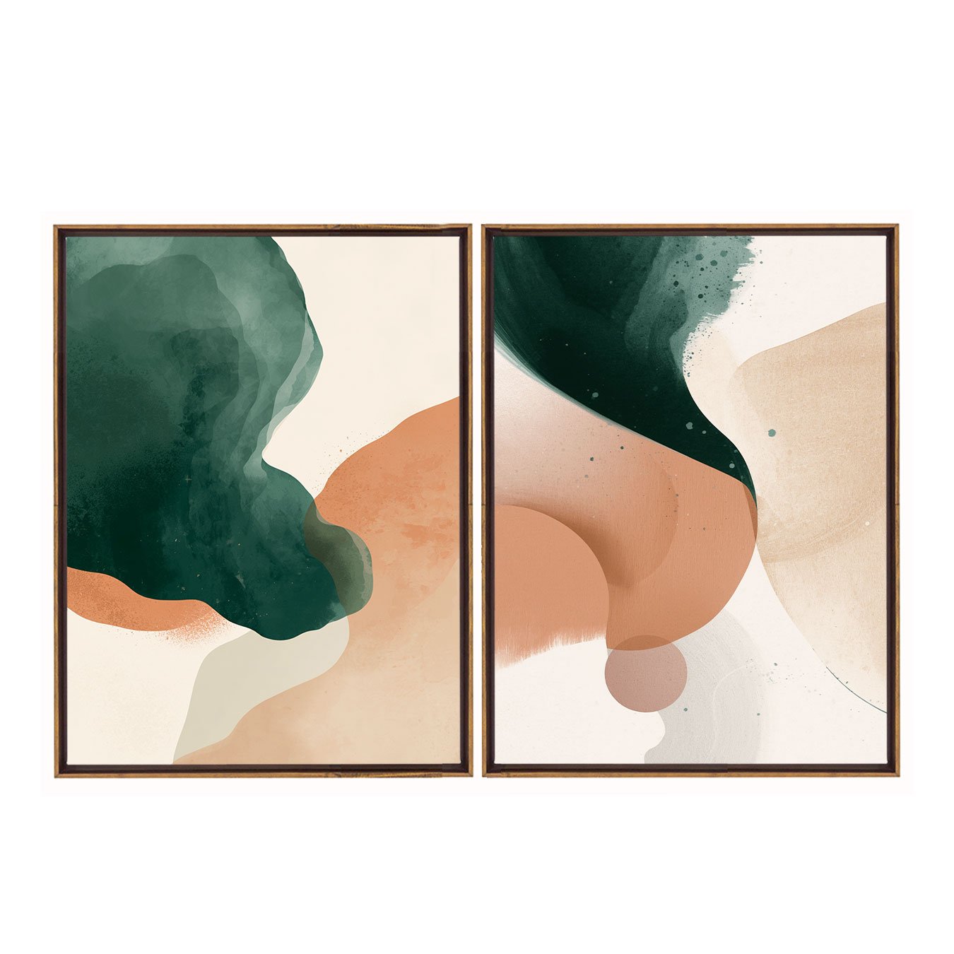 Kit de Quadros Abstratos de Formas Orgânicas em Tons Verdes Terracorta e Creme