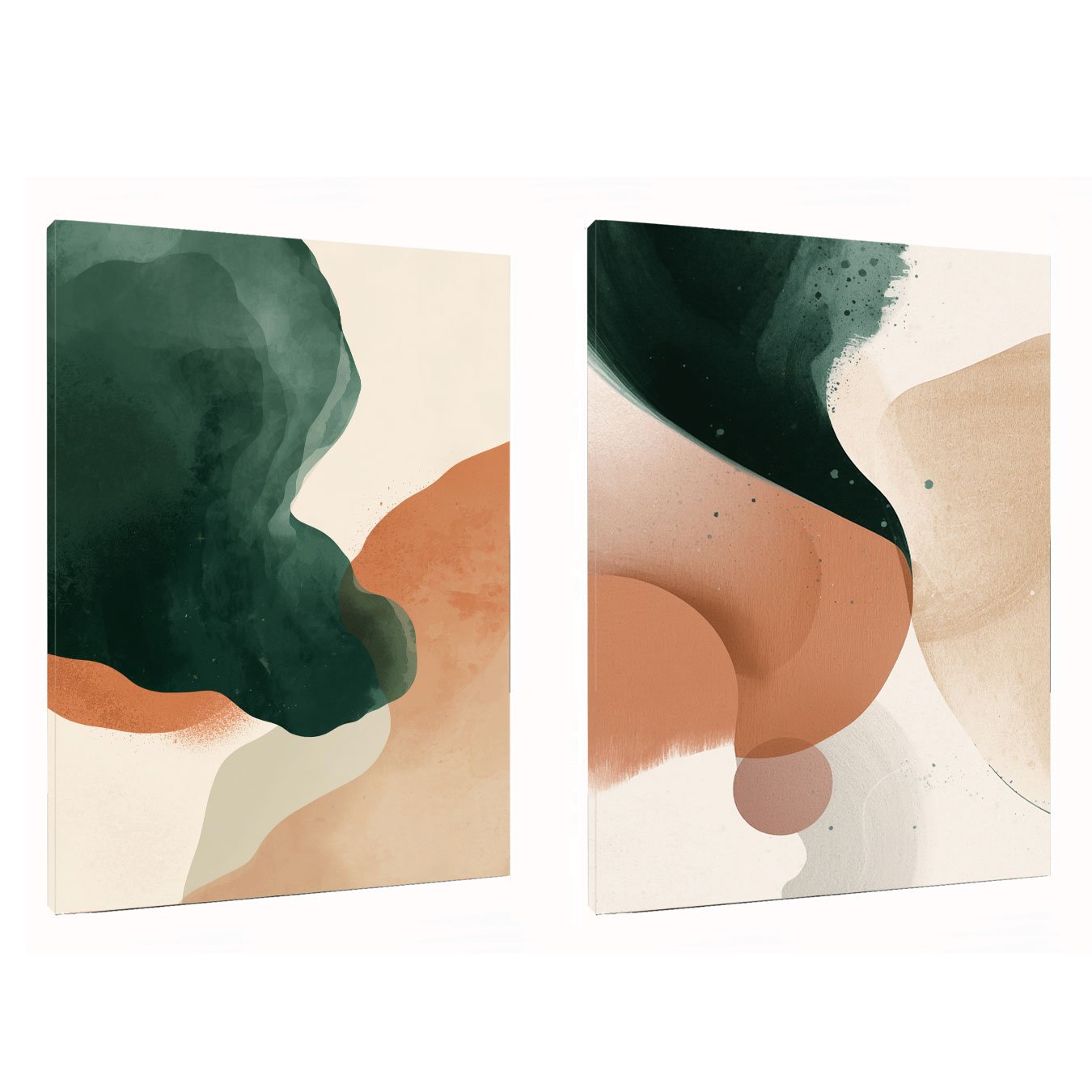 Kit de Quadros Abstratos de Formas Orgânicas em Tons Verdes Terracorta e Creme