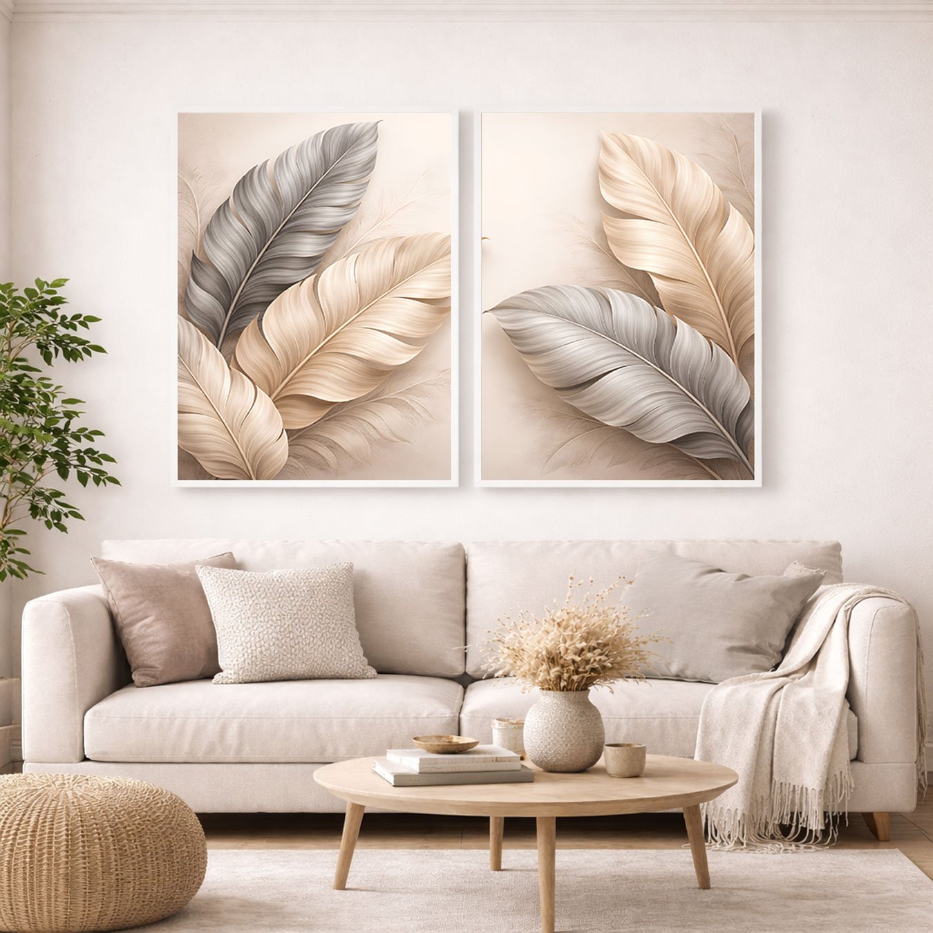 Kit de Quadros Folhas Minimalistas Bege e Cinza Prateado Elegante Sofisticado