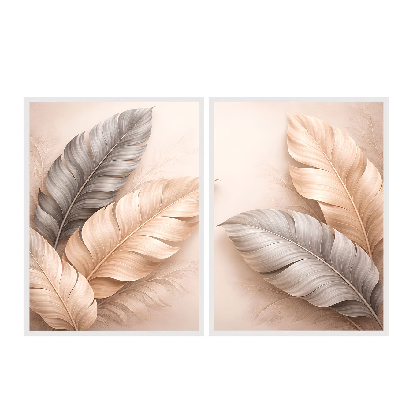 Kit de Quadros Folhas Minimalistas Bege e Cinza Prateado Elegante Sofisticado