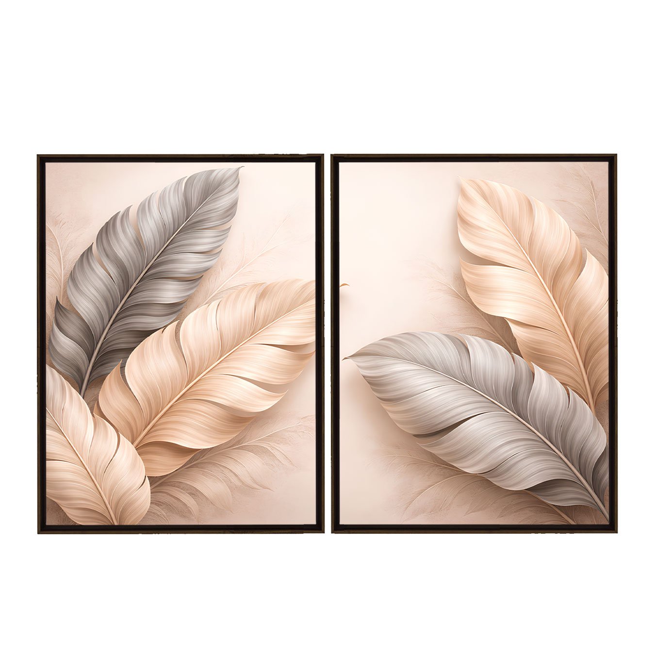 Kit de Quadros Folhas Minimalistas Bege e Cinza Prateado Elegante Sofisticado