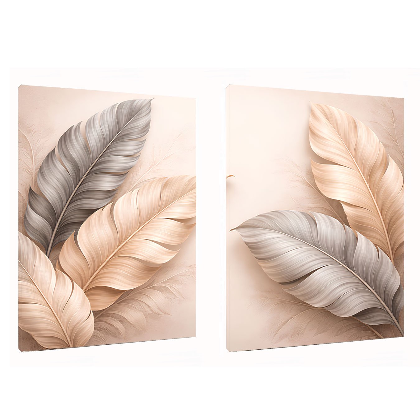 Kit de Quadros Folhas Minimalistas Bege e Cinza Prateado Elegante Sofisticado