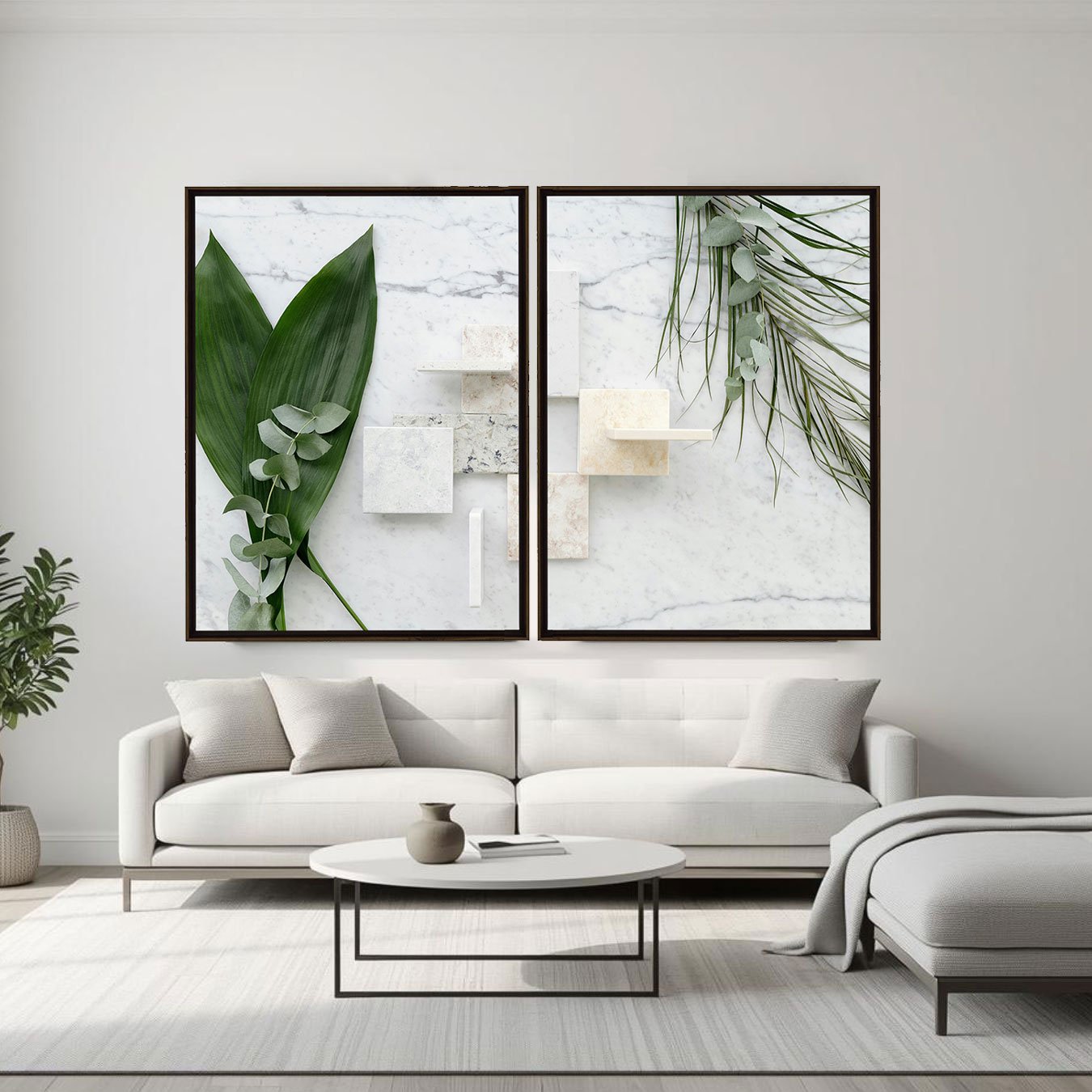 Kit de Quadros Folhas Verdes e Mármore Quartzo Decoração Minimalista de Luxo