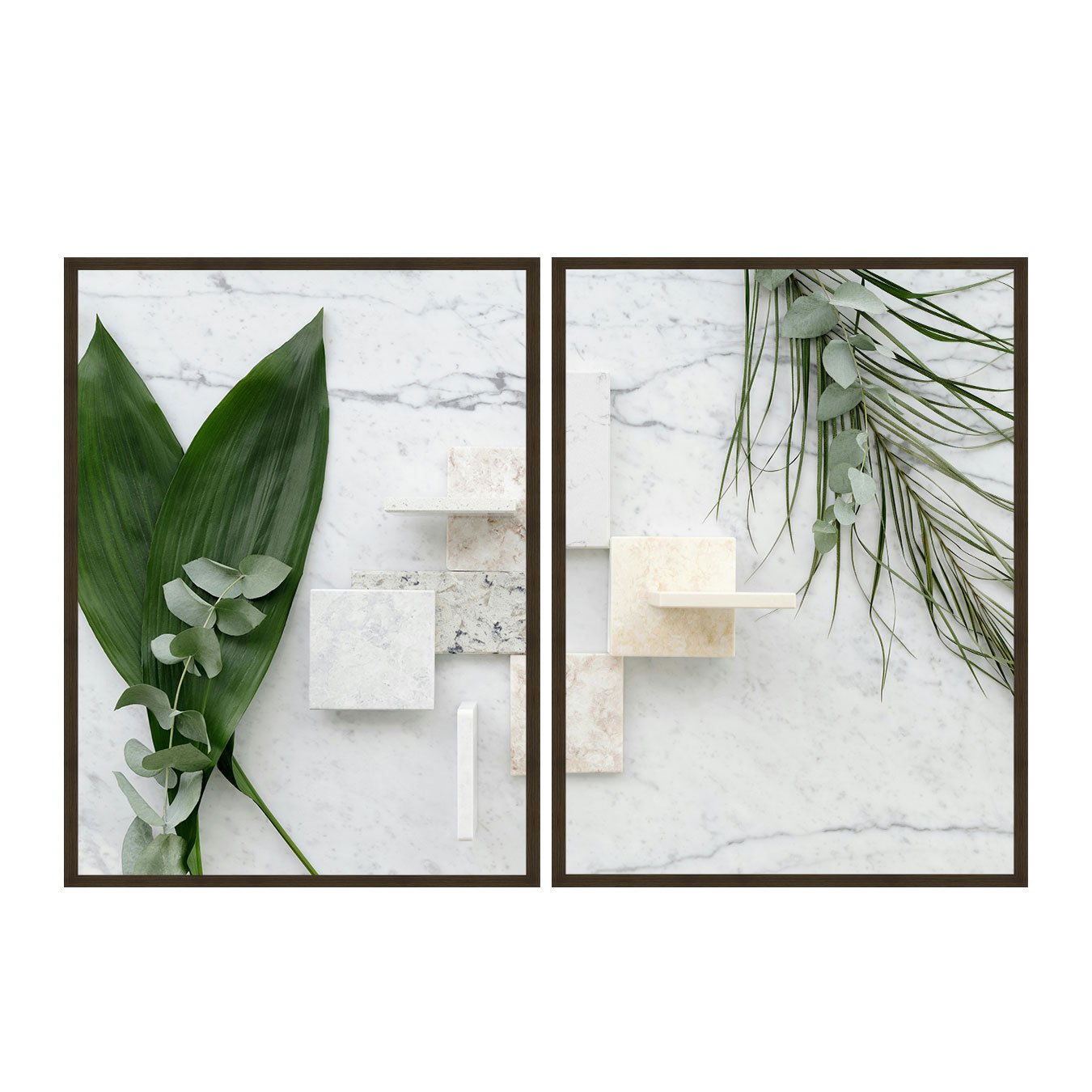 Kit de Quadros Folhas Verdes e Mármore Quartzo Decoração Minimalista de Luxo