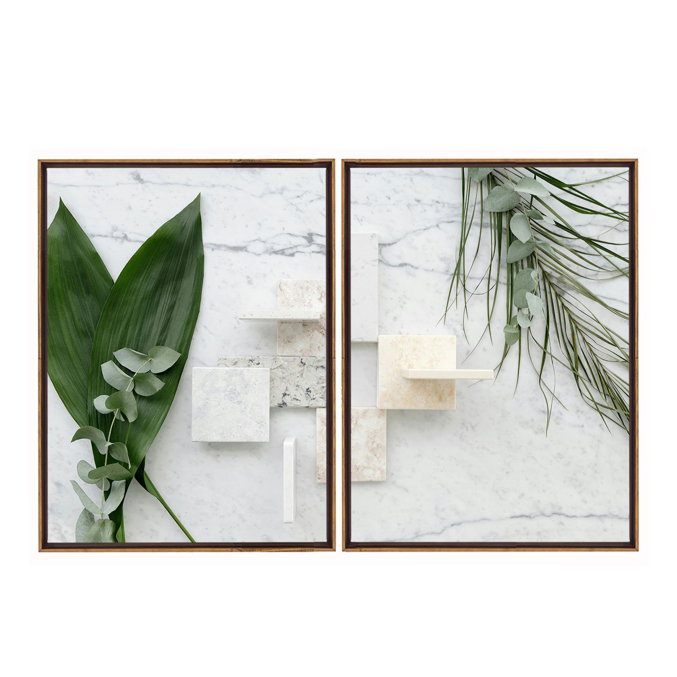 Kit de Quadros Folhas Verdes e Mármore Quartzo Decoração Minimalista de Luxo