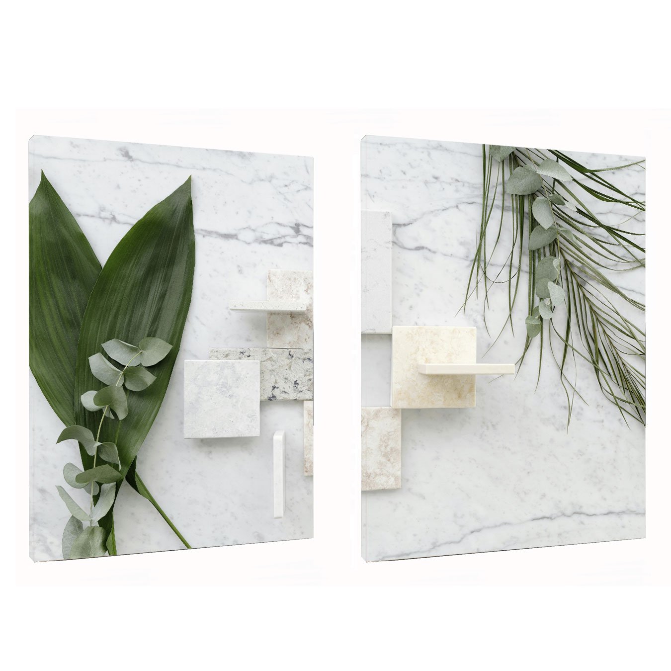 Kit de Quadros Folhas Verdes e Mármore Quartzo Decoração Minimalista de Luxo