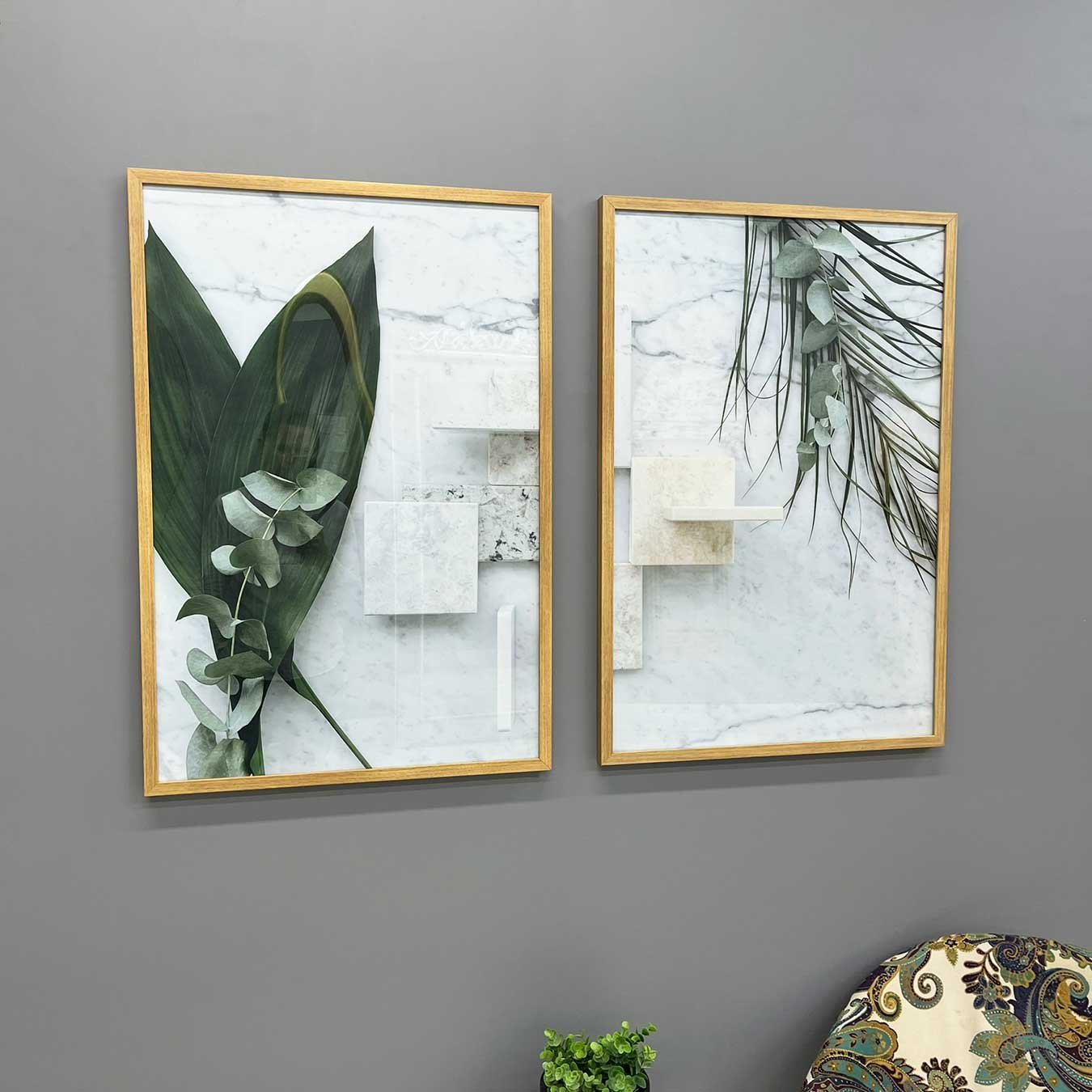 Kit de Quadros Folhas Verdes e Mármore Quartzo Decoração Minimalista de Luxo