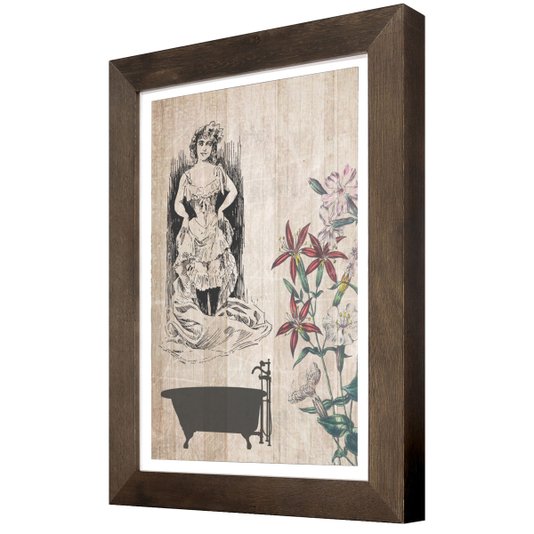 Quadro Pequeno Rústico Mulher, Banheira e Flores em Tom Envelhecido 25x35cm