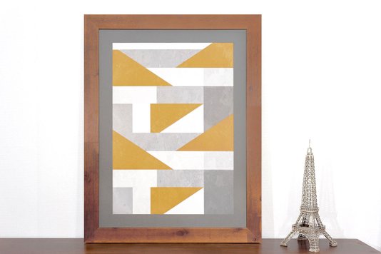 Quadro Abstrato Decor Amarelo e Cinza com Moldura Rústica 70x90cm