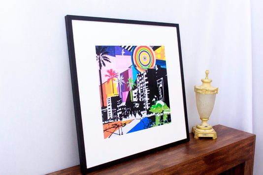 Quadro com Moldura Preta Pintura Cidade Colorida 80x80cm