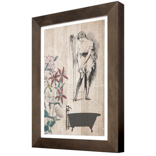 Quadro Pequeno com Moldura Rústica Banheira, Mulher e Flores em Tom Envelhecido 25x35cm