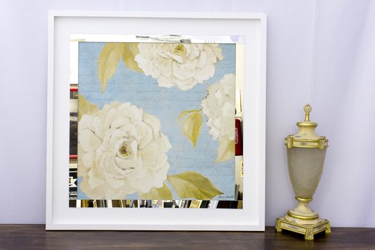 Quadro Decorativo com Espelho Floral Flores Brancas II - 80x80cm