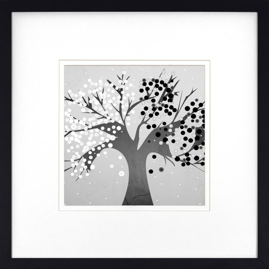 Quadro Decorativo com Moldura Preta Ilustração Árvore em Preto e Branco 50x50cm