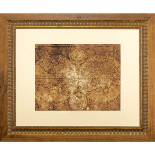 Quadro Decorativo com Moldura Dupla Mapa Mundi Envelhecido 60x50cm