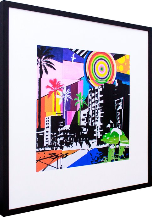 Quadro com Moldura Preta Pintura Cidade Colorida 80x80cm