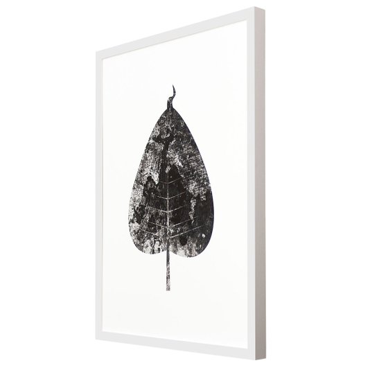 Quadro Decorativo em Preto e Branco Folha Minimalista com Moldura Branca 50x70cm