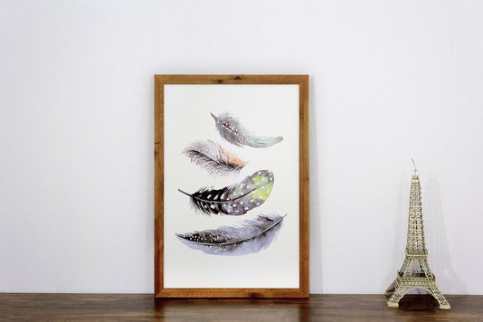 Quadro Decorativo com Moldura Rústica Ilustração Penas Coloridas 40x60cm