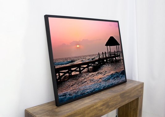 Quadro Decorativo Paisagem Pôr do Sol em Praia com Pier 120x80cm