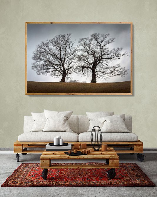 Quadro Decorativo com Moldura Rústica Paisagem de Campo com Árvores 150x100cm