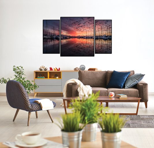 Kit de Quadros Decorativos Amanhecer Veleiros 130x70cm
