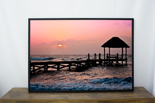 Quadro Decorativo Paisagem Pôr do Sol em Praia com Pier 120x80cm