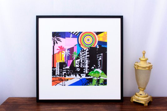Quadro com Moldura Preta Pintura Cidade Colorida 80x80cm