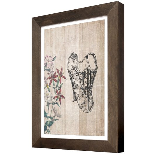 Quadro Pequeno com Moldura Rústica Flores e Parte de Vestuário 25x35cm
