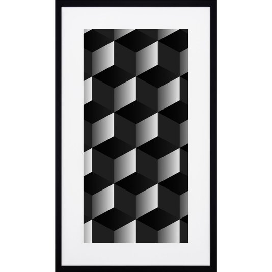 Quadro Desenho Geométrico Quadrados em Preto e Branco com Moldura Preta 50x90cm