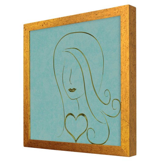 Quadro com Moldura Dourada Silhueta Mulher e Coração 30x30cm