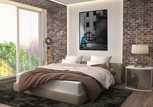 Quadro Decorativo Grande Cidade em Preto e Branco Moto Azul em Destaque