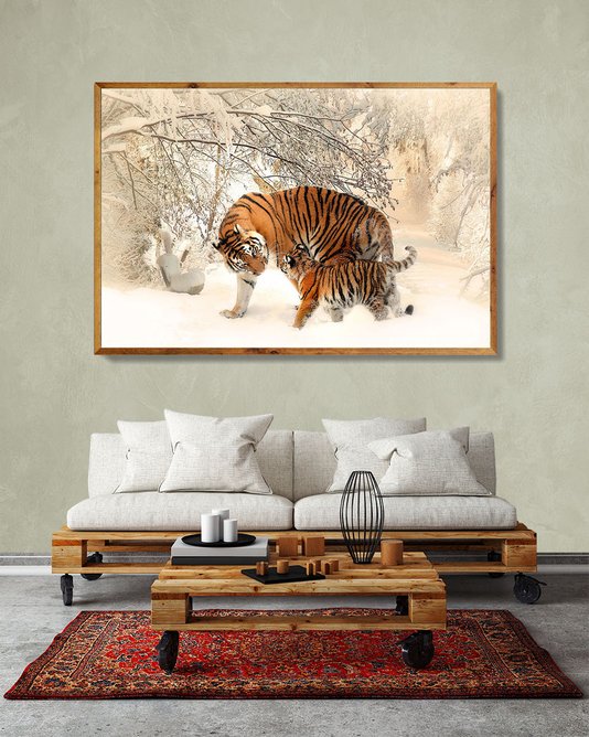 Quadro Decorativo com Moldura Rústica Tigres em Paisagem de Inverno 150x100cm