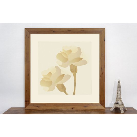 Quadro Decorativo Floral Flores Cor Bege com Moldura Rústica 100x100cm