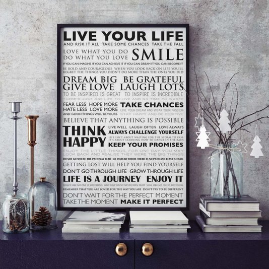 Quadro com Moldura Preta Diversas Frases Motivacionais 60x90cm