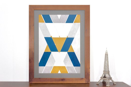 Quadro Abstrato Decor Amarelo, Azul e Cinza com Moldura Rústica 70x90cm