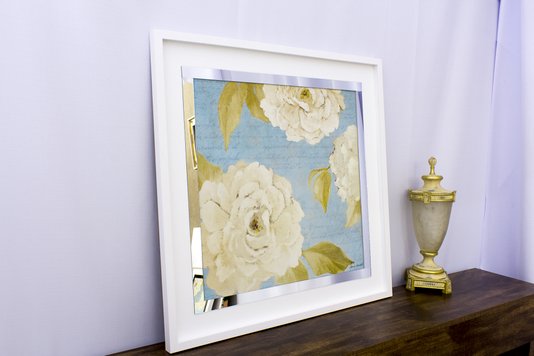 Quadro Decorativo com Espelho Floral Flores Brancas II - 80x80cm